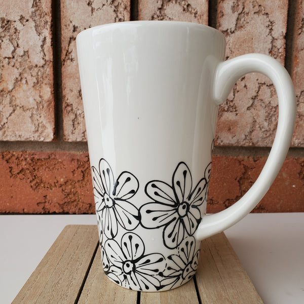 Tall ceramic mug - Black and White flowers (set of 2 or 4)